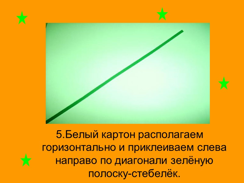 5.Белый картон располагаем горизонтально и приклеиваем слева направо по диагонали зелёную полоску-стебелёк.